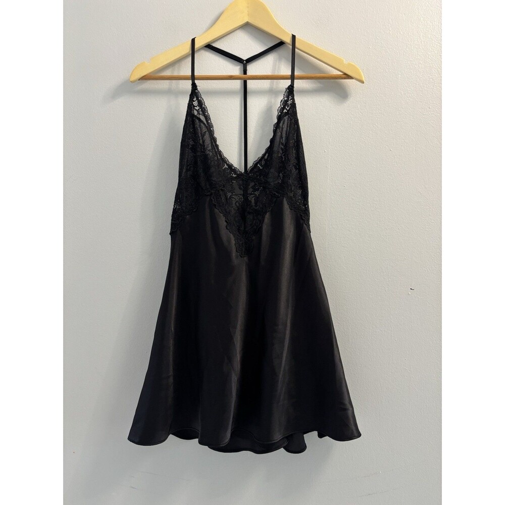 ⁠In Bloom by Jonquil Black Satin Lace Babydoll Chemise Lingerie XL Coquette